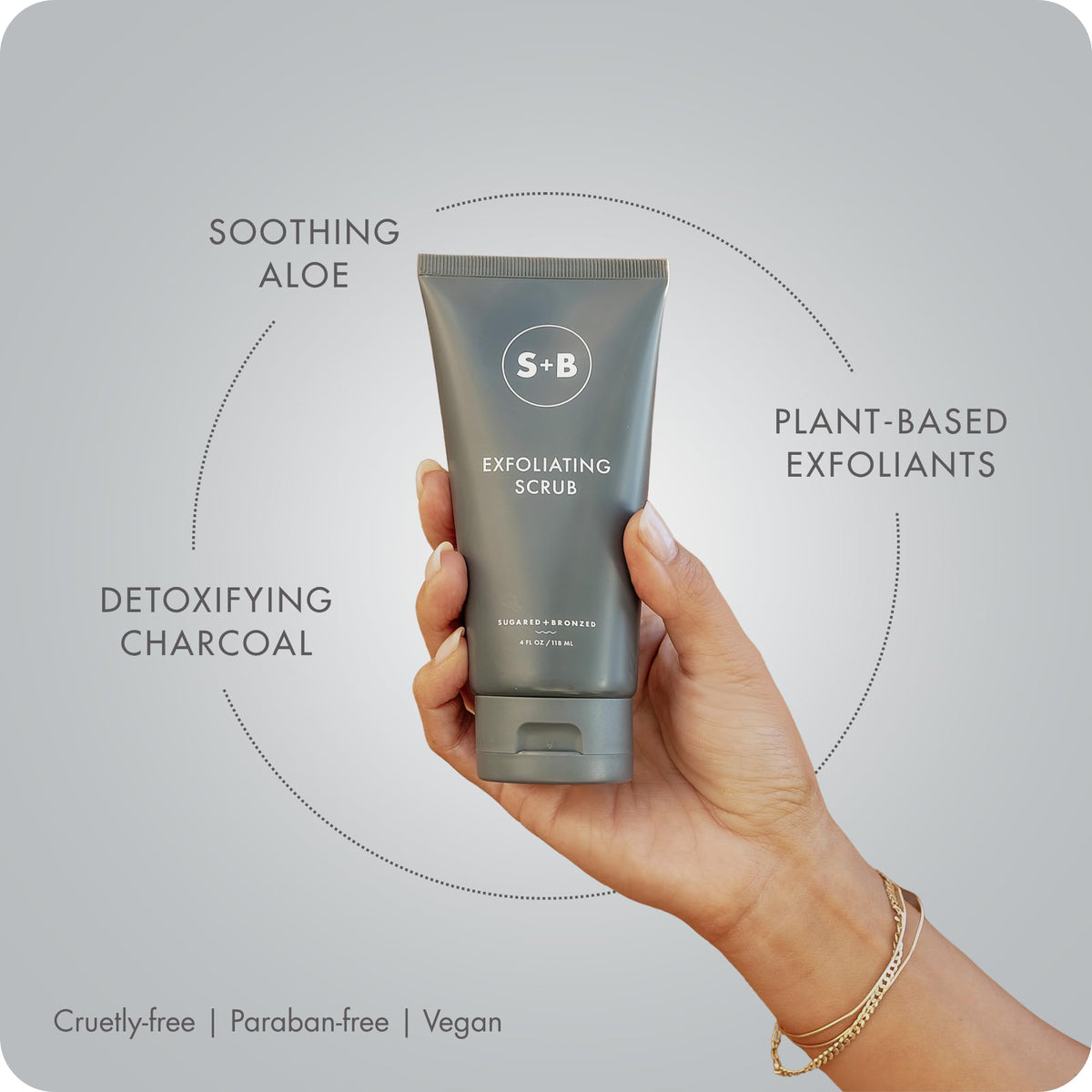 SUGARED + BRONZED label detail highlighting clean ingredients and cruelty-free benefit