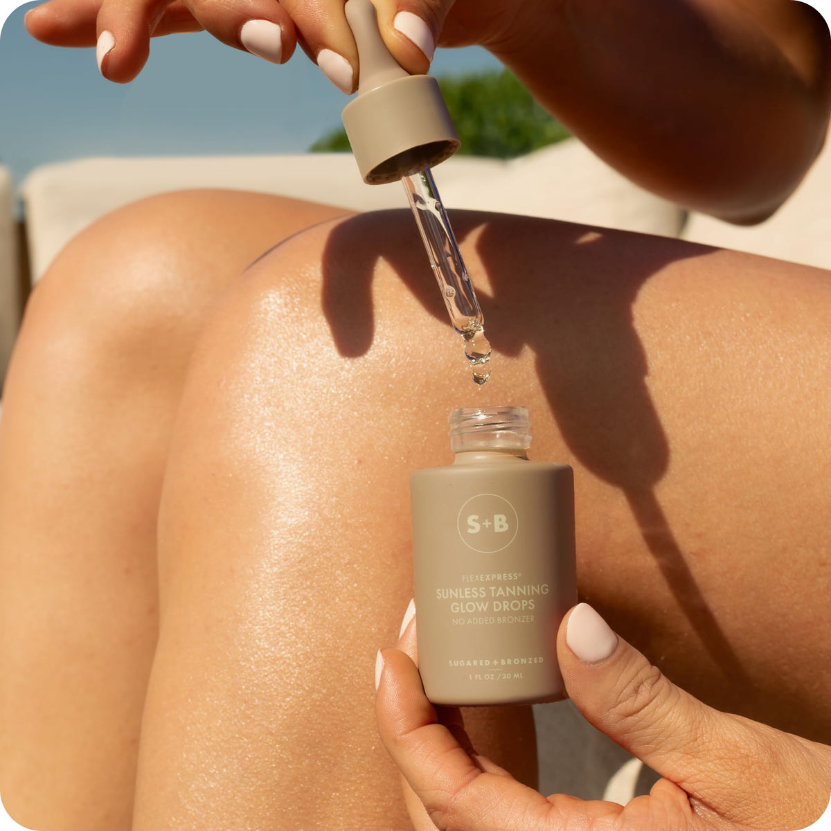 SUGARED + BRONZED on bathroom vanity next to skincare, conveys routine integration