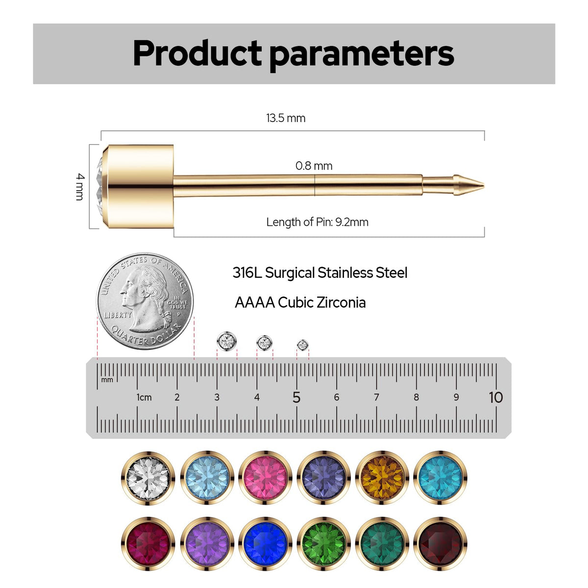 SugarTang close-up of 4mm cubic zirconia stud, highlights sparkle and precise cut