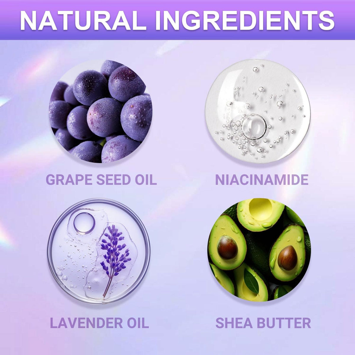 SULADEC ingredient label highlighting grape seed oil and shea butter benefits