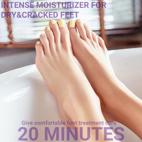 SULADEC foot mask worn on feet showing convenient 15–20 minute home treatment