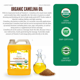 SULU ORGANICS pouring camelina oil into a bowl in a kitchen, versatile cooking and finishing use