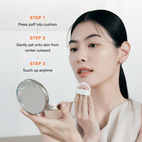 Sulwhasoo lifestyle image of woman applying cushion for quick touch-up benefit