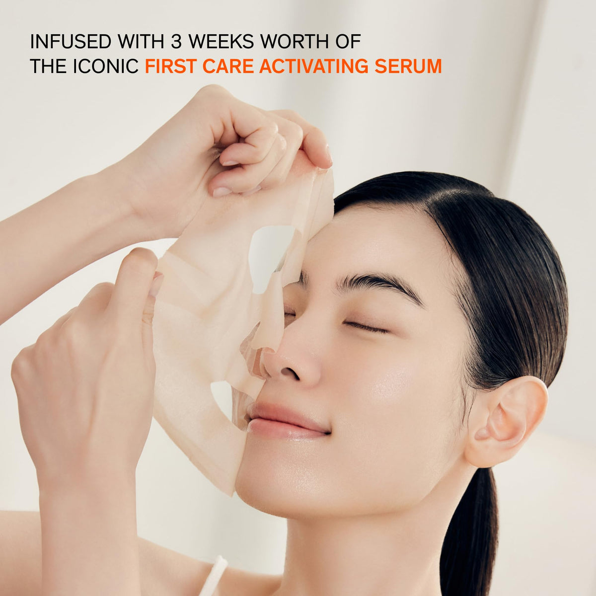 Sulwhasoo model wearing sheet mask demonstrating even coverage and immediate hydration