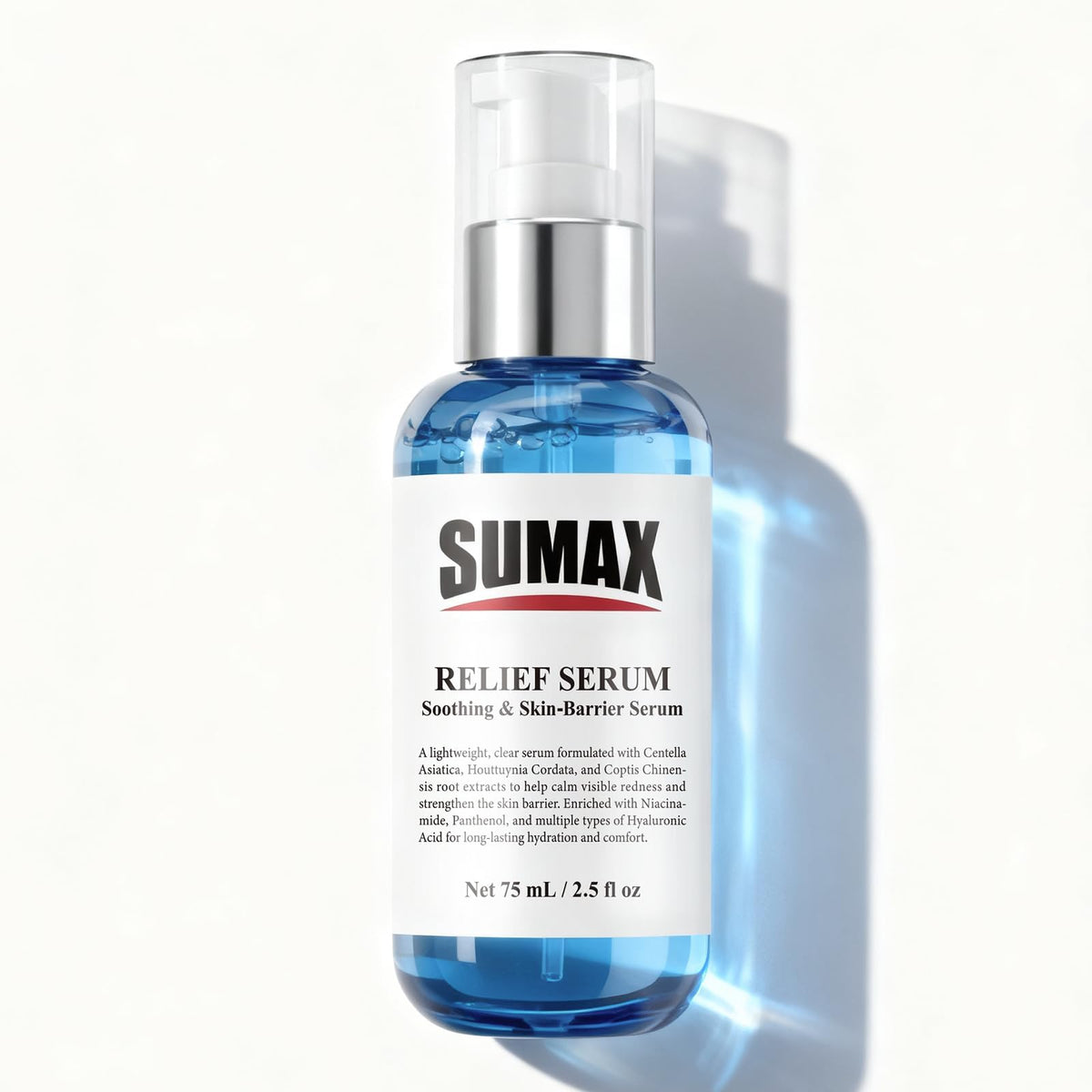 Sumax bottle front view showing serum packaging and soothing benefits
