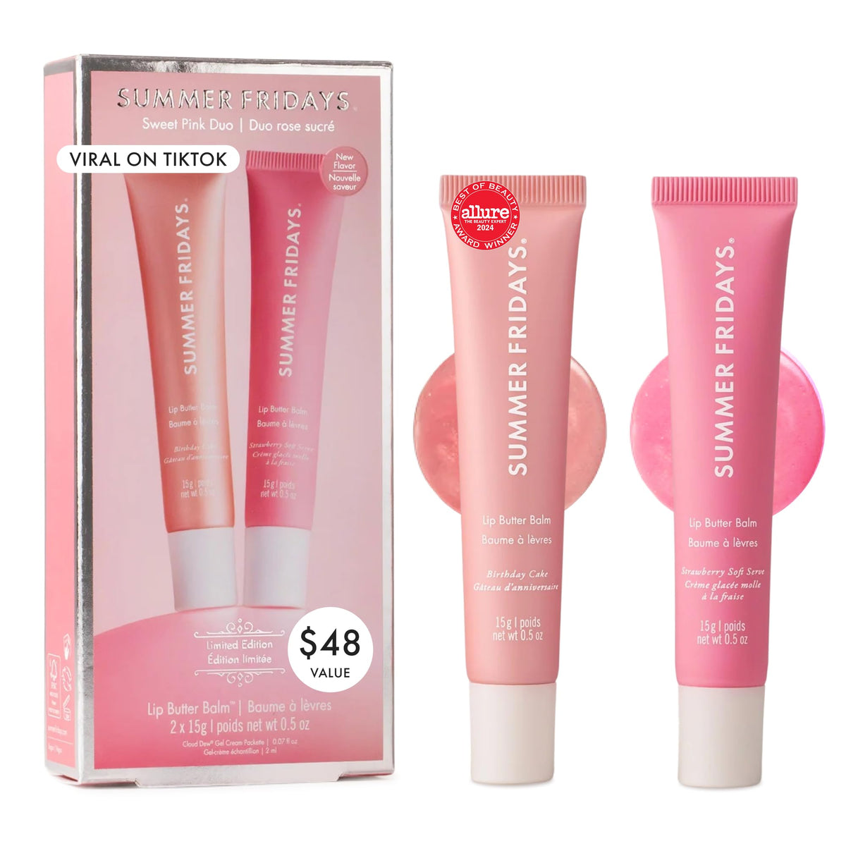 Summer Fridays front packaging duo showing compact, travel-ready balms and ease