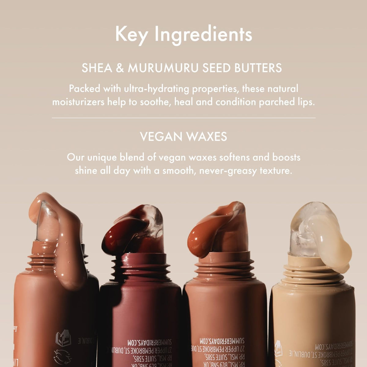 Summer Fridays ingredients display shea and murumuru butters for deep moisture