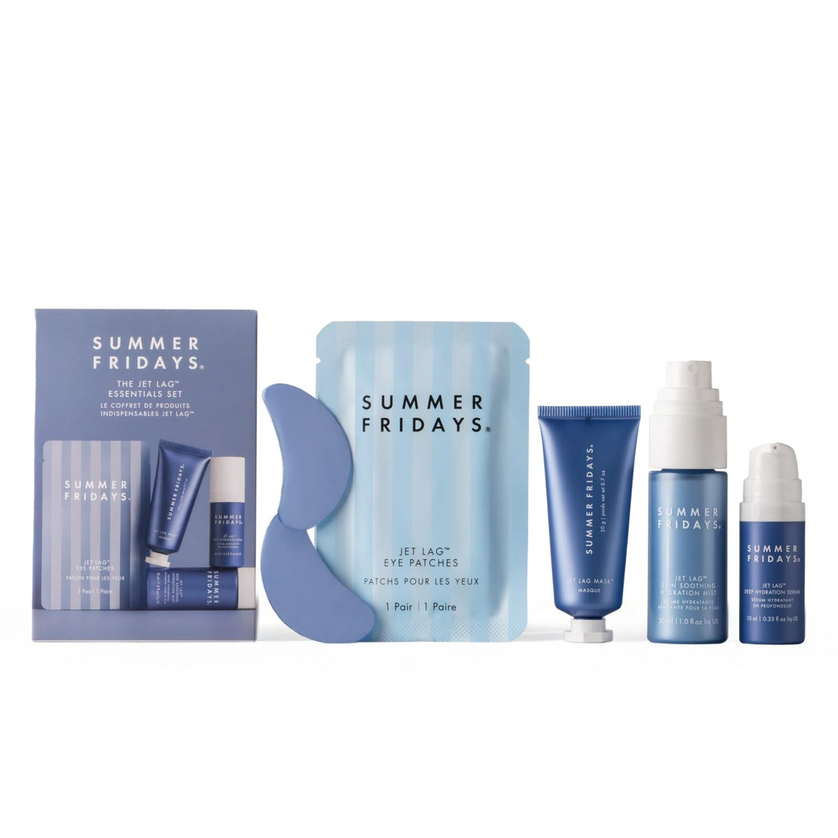 Summer Fridays full Jet Lag Essentials set displayed, compact travel hydration
