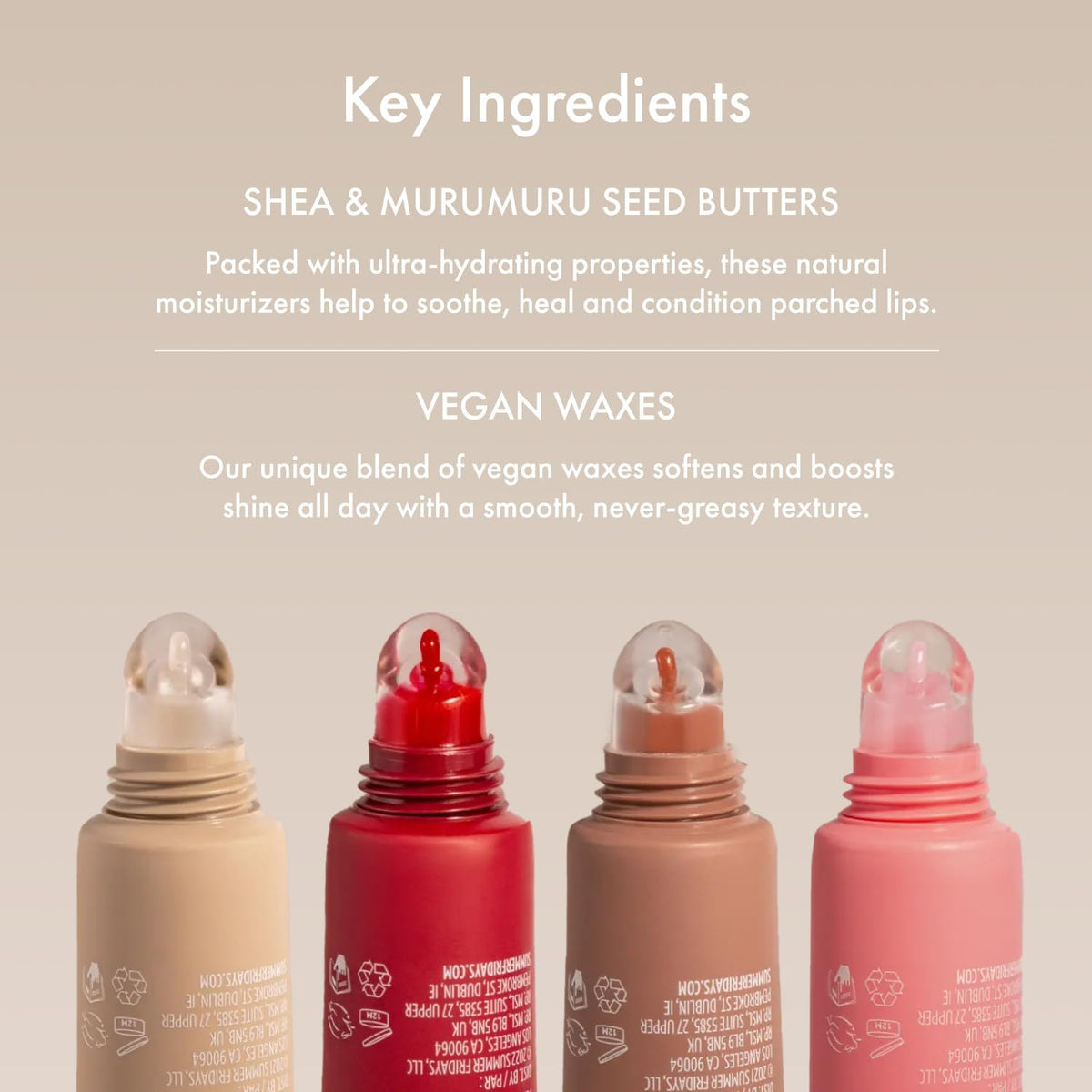 Summer Fridays product next to shea and murumuru butters showing natural ingredients for moisturization