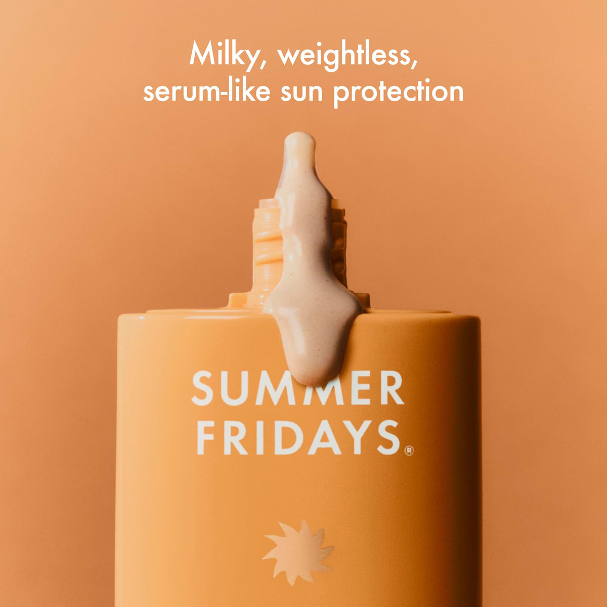 Summer Fridays pump dispensing milky sunscreen demonstrating lightweight texture