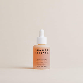 Summer Fridays bottle styled on bathroom shelf to convey everyday skincare ritual
