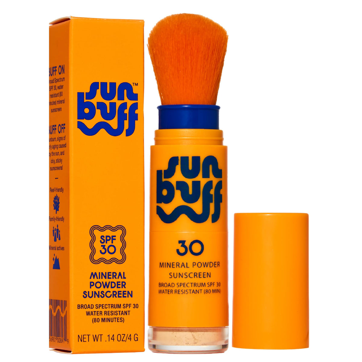 Sun Buff front packaging showing brush and SPF 30 protection benefit