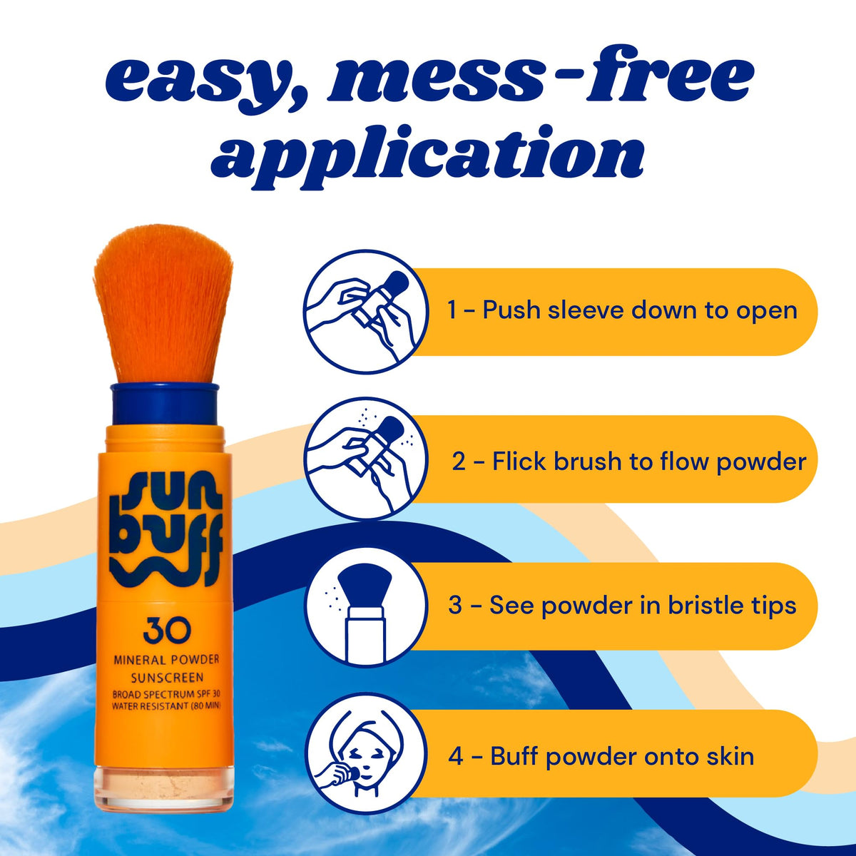 Sun Buff close-up powder texture highlighting matte, oil-absorbing finish