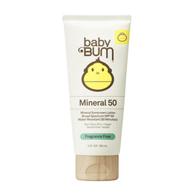 Sun Bum baby bottle front view showing SPF50 travel tube and clear labeling