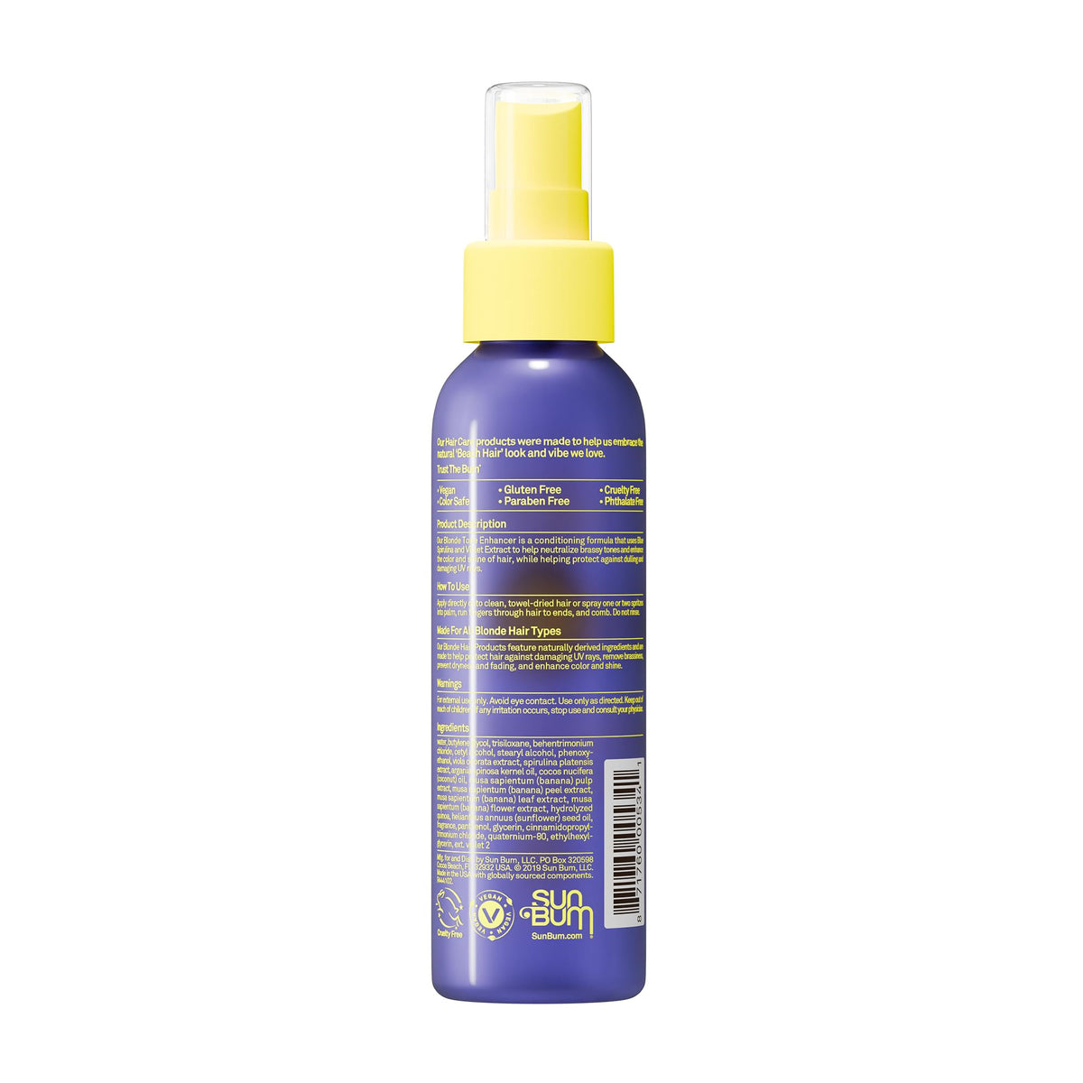 4 oz bottle next to ingredient label showing Sun Bum clean-formula benefits