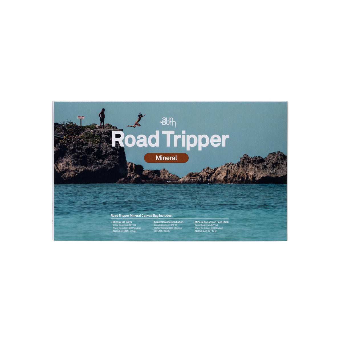 Sun Bum brown canvas pouch open with sunscreen products for organized travel