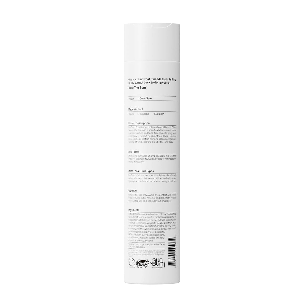 Sun Bum Curls Conditioner placed on bathroom shelf in lifestyle scene showing sun protection