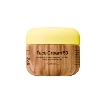 Sun Bum face cream front packaging showing SPF 50 and travel tube benefit