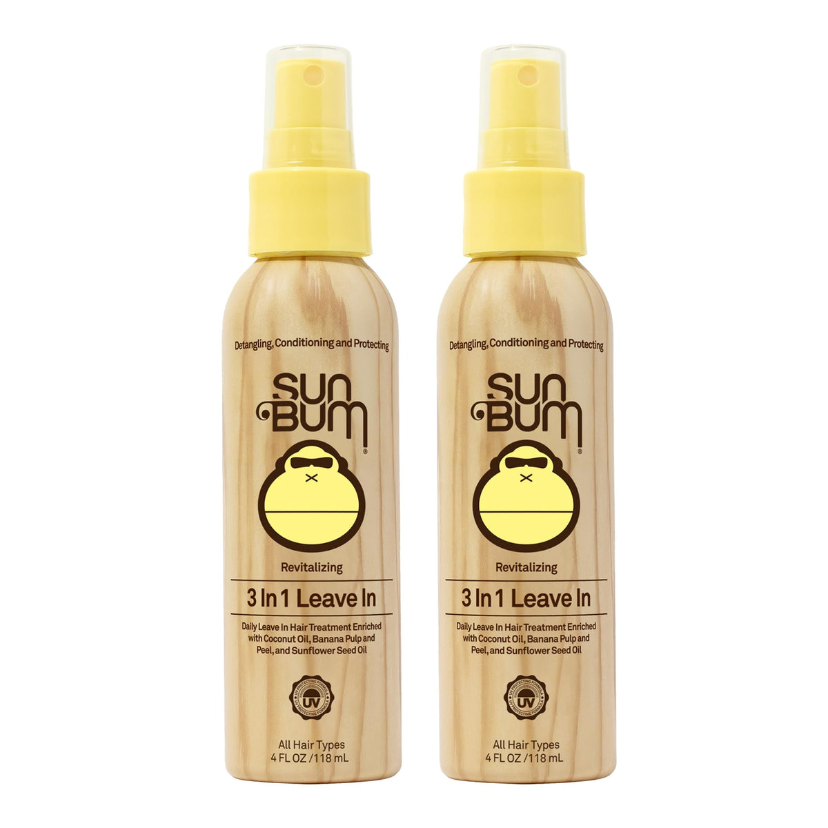 Sun Bum front packaging showing 3-in-1 spray for easy detangling and shine