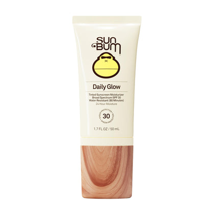 Sun Bum front packaging of Daily Glow SPF 30 showing tinted tube and travel size benefit