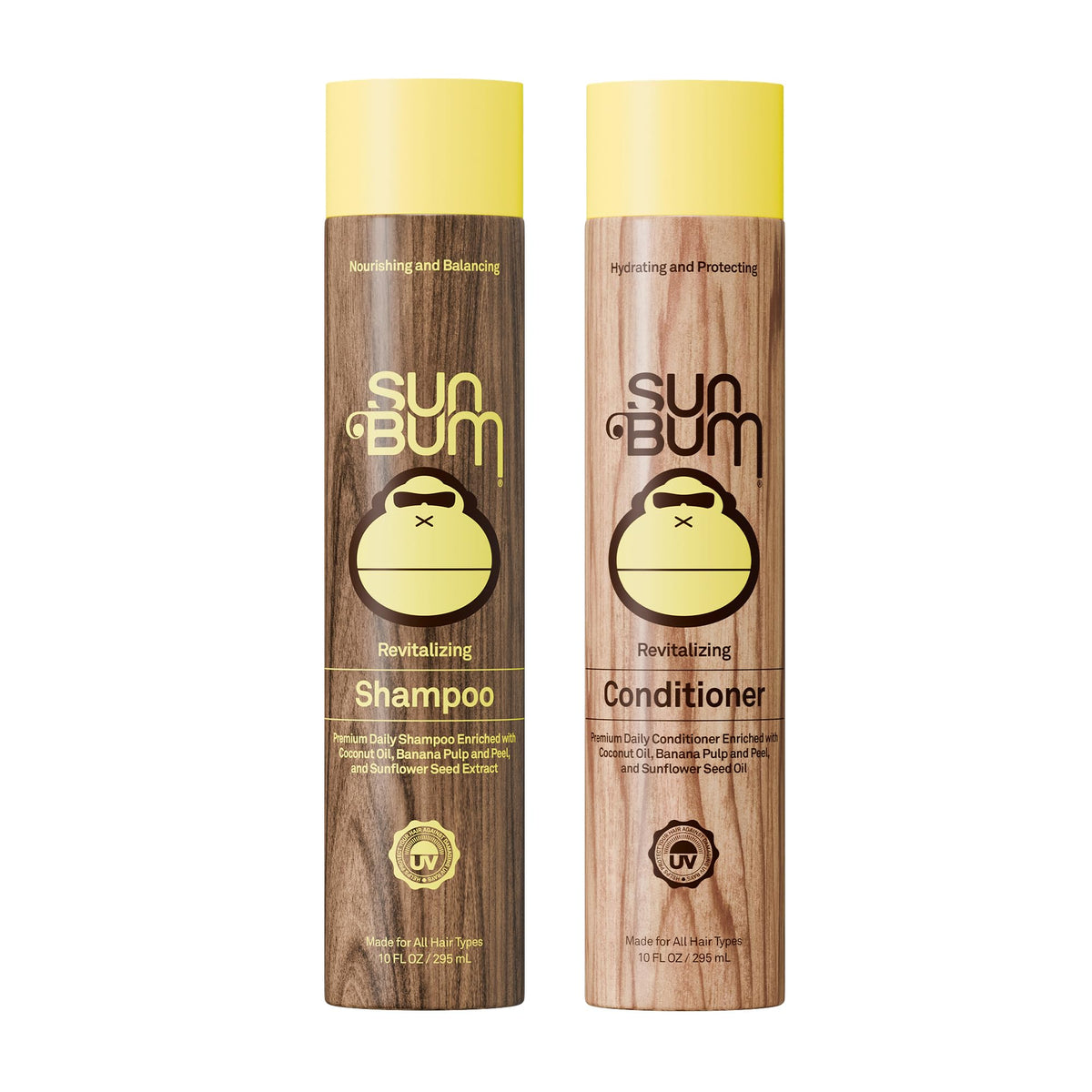Sun Bum front packaging showing revitalizing shampoo and conditioner benefits