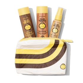 Sun Bum travel kit front view shows compact bottles and pouch for easy packing