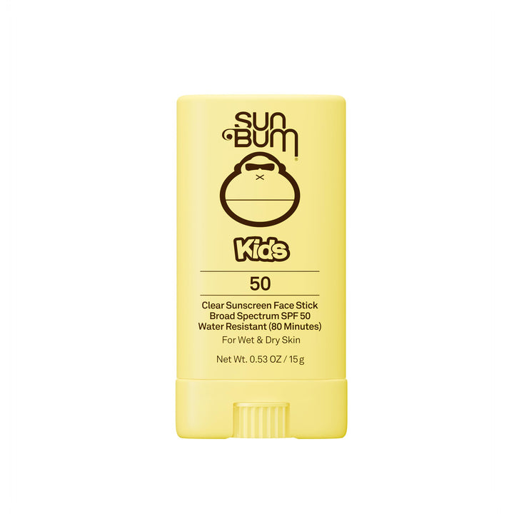 Sun Bum kids face stick front packaging showing clear stick and SPF 50 benefit