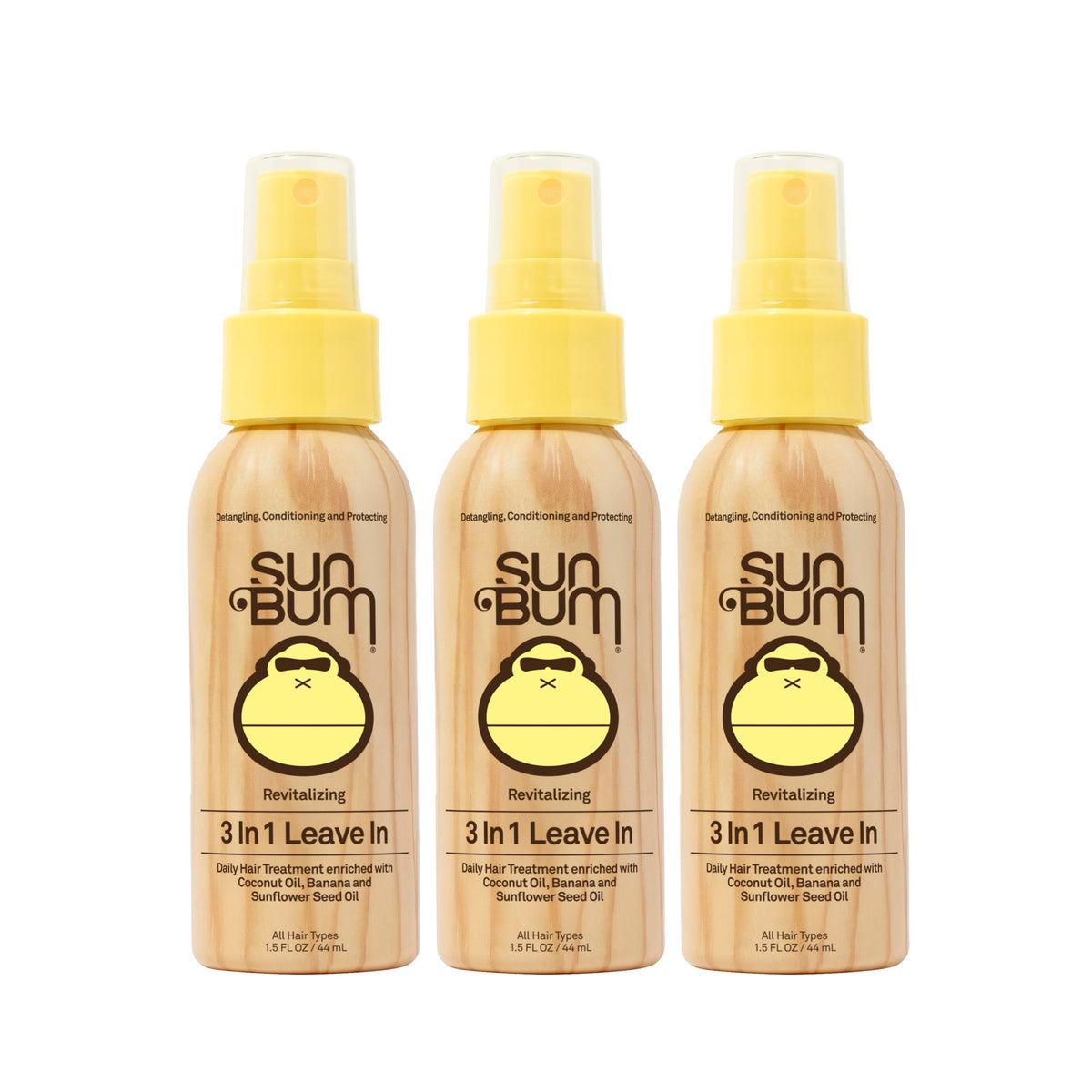 Sun Bum front label of 3-in-1 leave-in spray showing ingredients and benefits