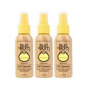 Sun Bum front label of 3-in-1 leave-in spray showing ingredients and benefits