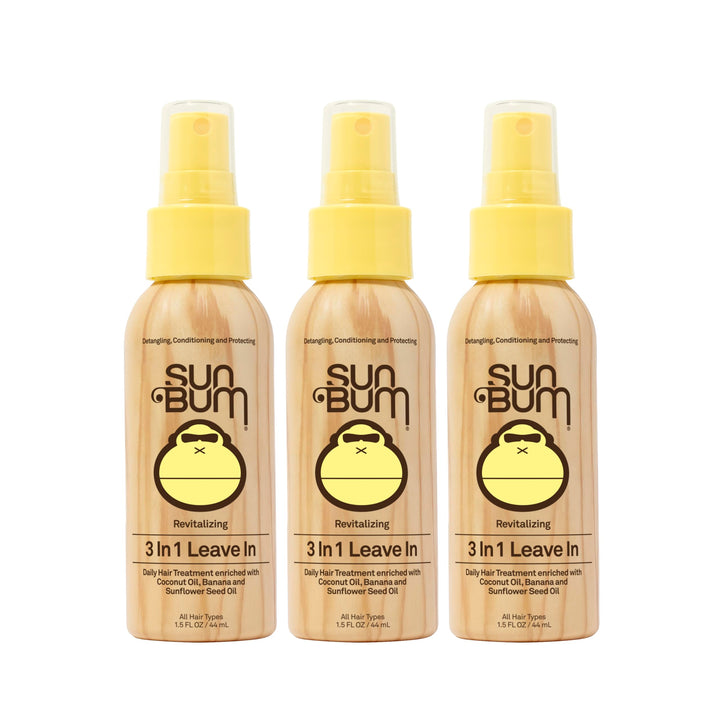 Sun Bum front label of 3-in-1 leave-in spray showing ingredients and benefits