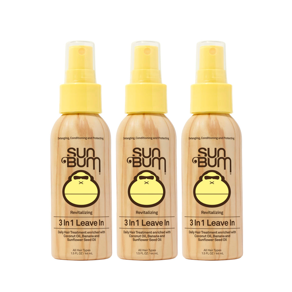 Sun Bum front label of 3-in-1 leave-in spray showing ingredients and benefits