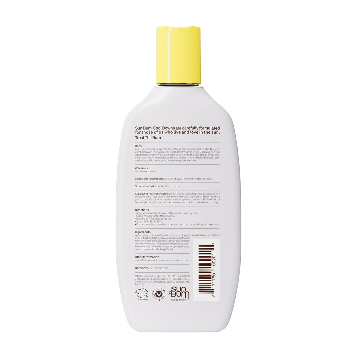 Sun Bum bottle on beach towel conveying cooling relief after sun exposure