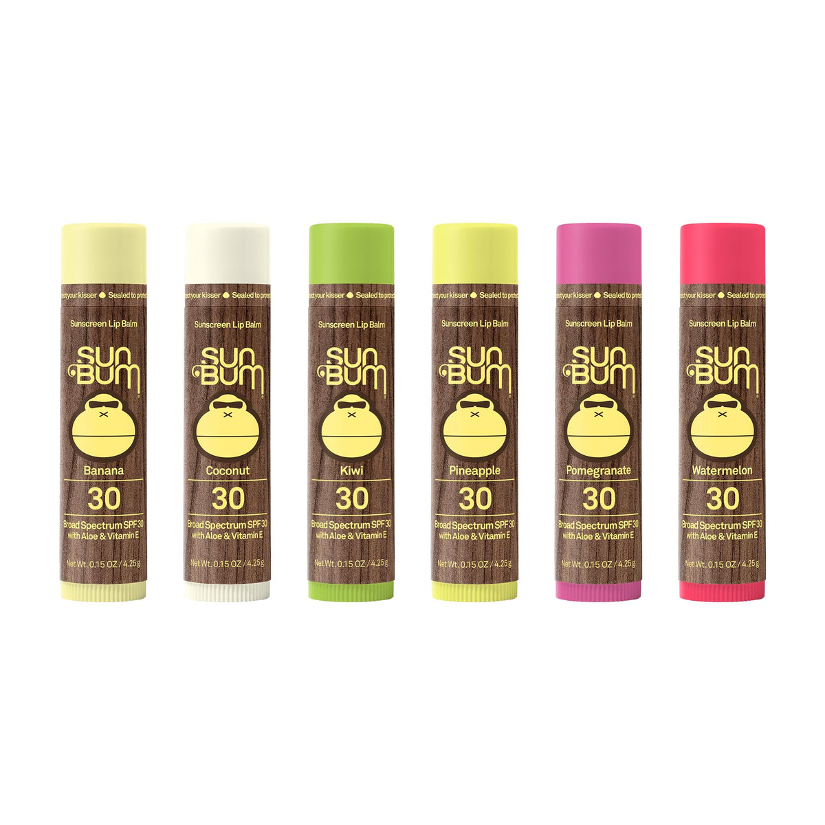 Sun Bum lip balm front packaging showing six sticks and SPF 30 protection benefit