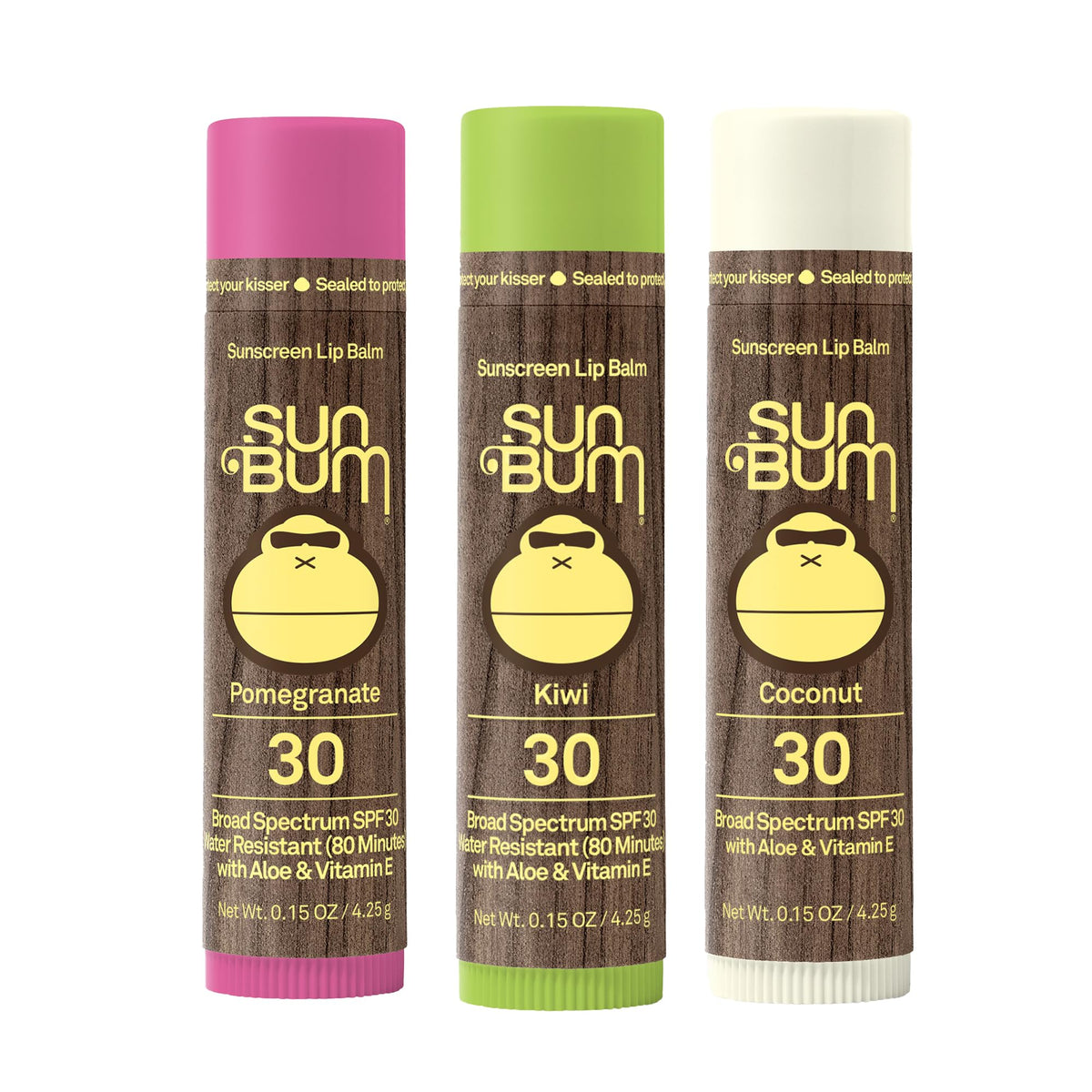 Sun Bum lip balm on sandy beach conveying UVA/UVB protection during outdoor fun
