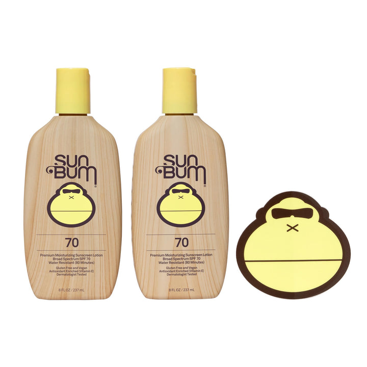 Sun Bum front packaging showing SPF 70 and two 8 oz bottles for value