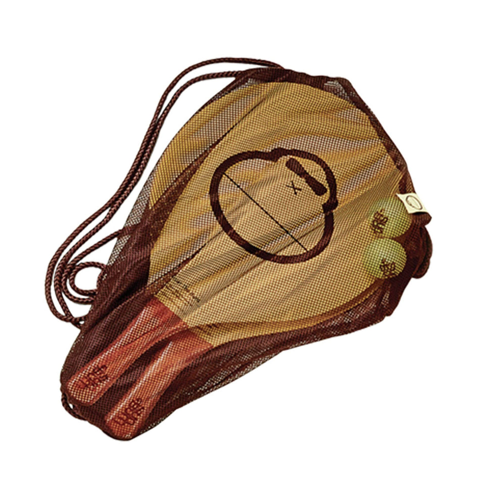 Sun Bum paddle set front view showing Sonny print and mesh bag for portable beach play