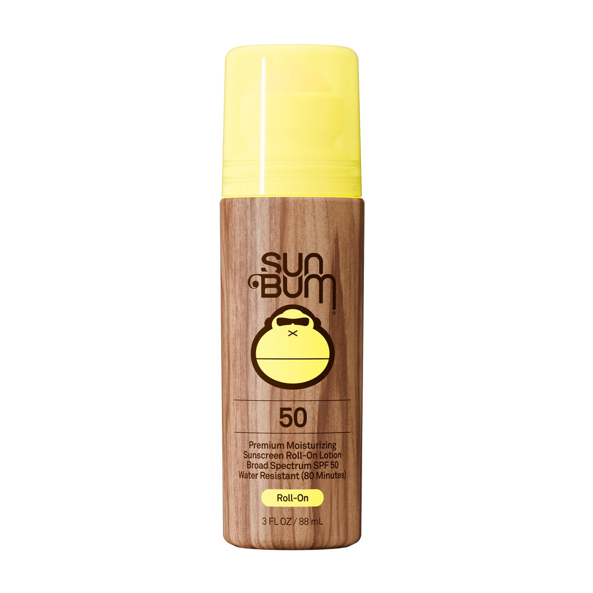 Sun Bum roll-on front packaging showing SPF 50 and travel size benefits