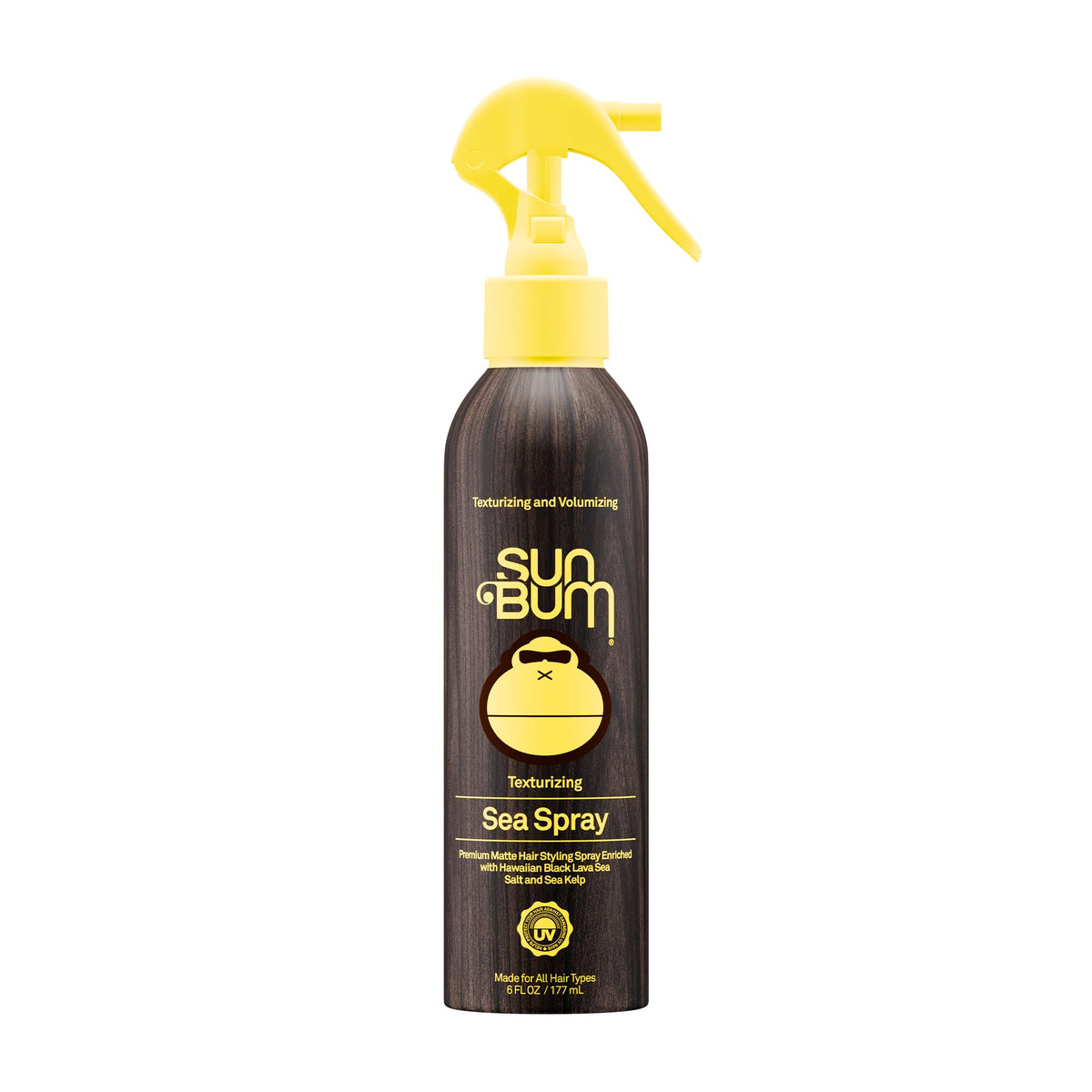 Sun Bum sea spray front bottle showing label and matte finish benefit