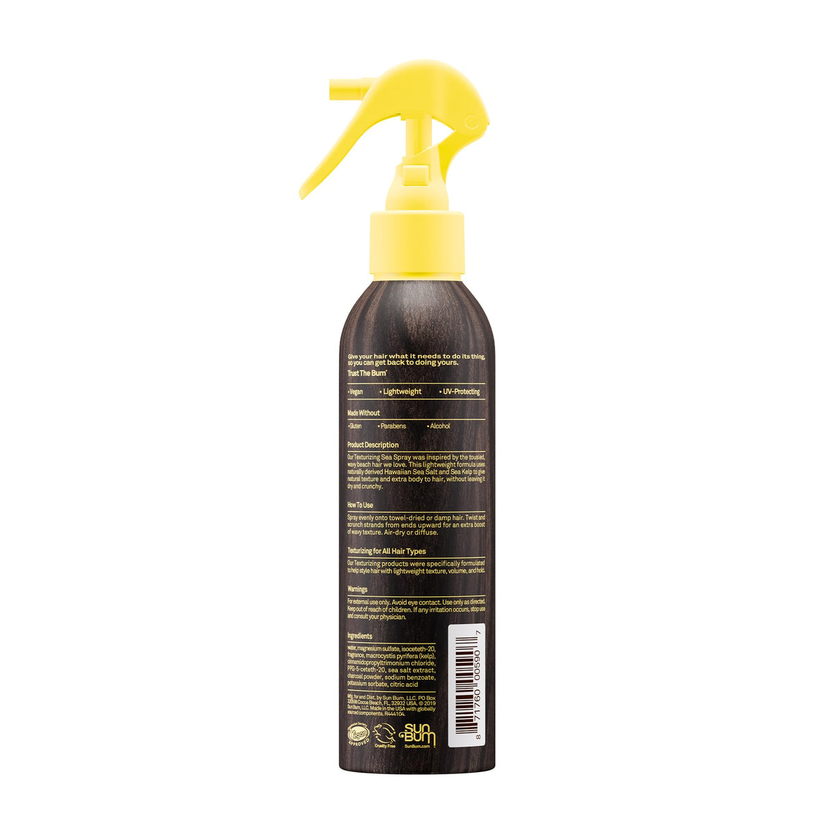 Sun Bum sea spray next to travel items showing compact 6 fl oz convenience