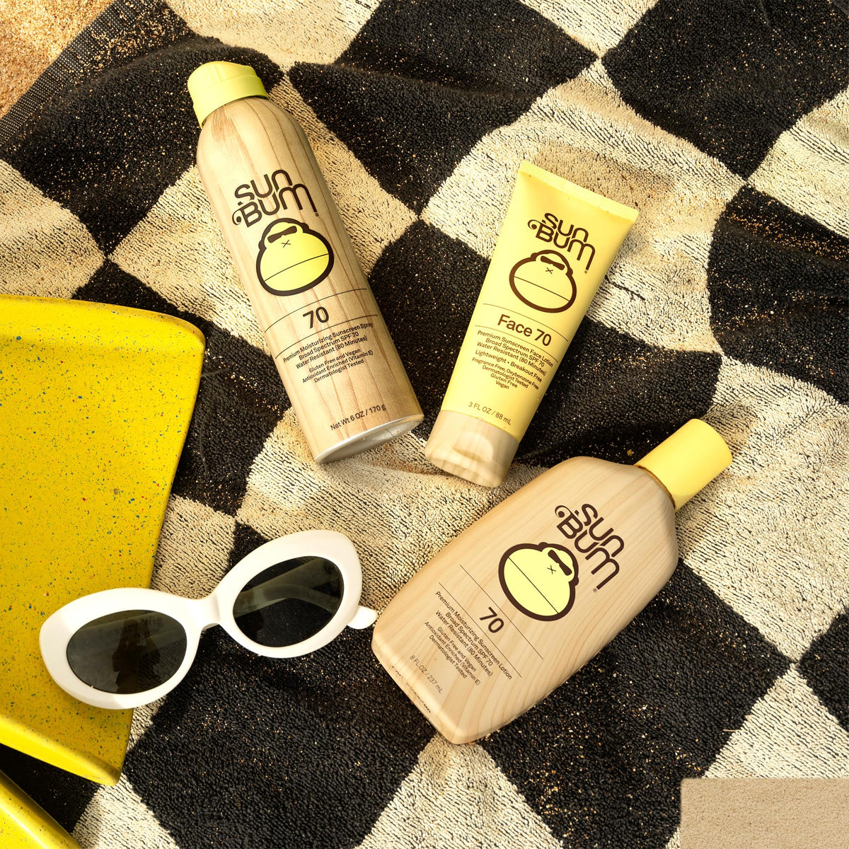 Sun Bum SPF 70 label detail highlighting reef-friendly and fragrance-free benefits