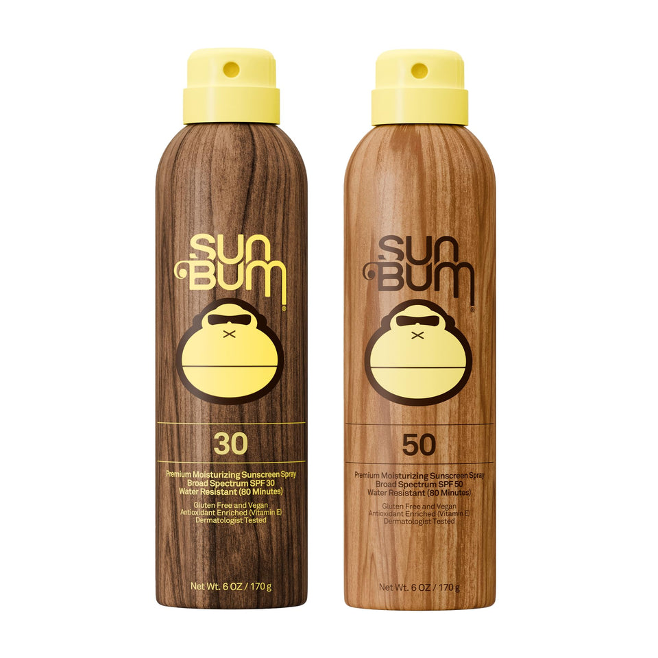Sun Bum front packaging showing SPF 30 and 50 two-pack protecting skin