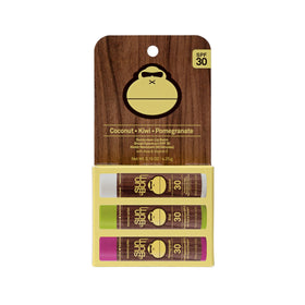 Sun Bum front packaging showing three SPF 30 tropical lip balms for easy protection