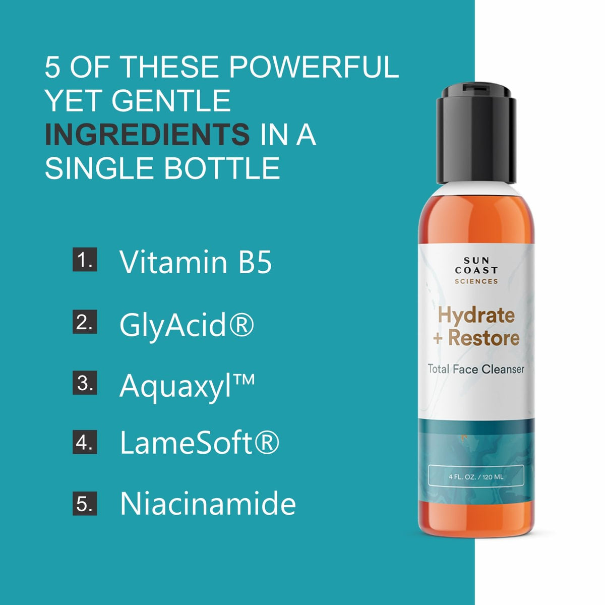 SUN COAST SCIENCES label close-up highlighting Niacinamide and Vitamin B5 for smoother-looking skin