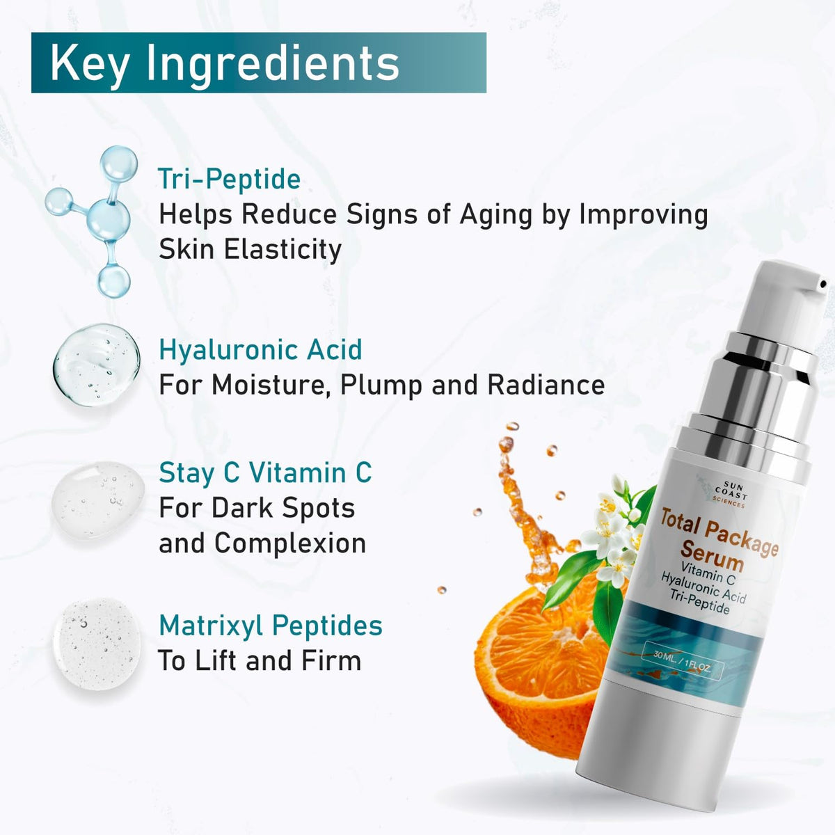 Sun Coast Sciences serum drops on skin demonstrating absorbent texture and instant hydration benefit