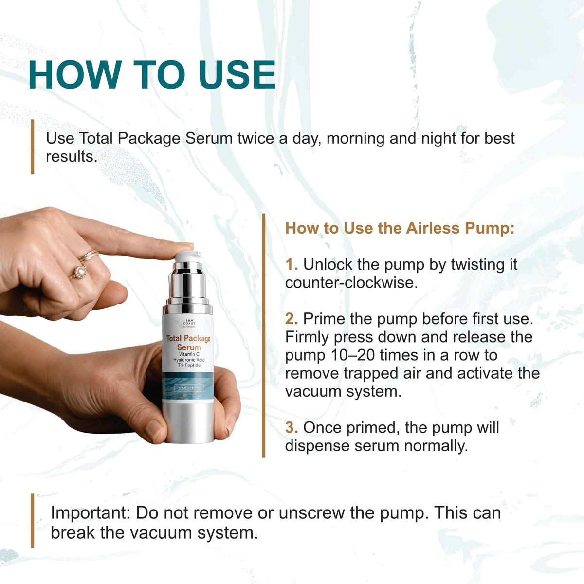 Sun Coast Sciences pump detail demonstrating airless dispenser ease