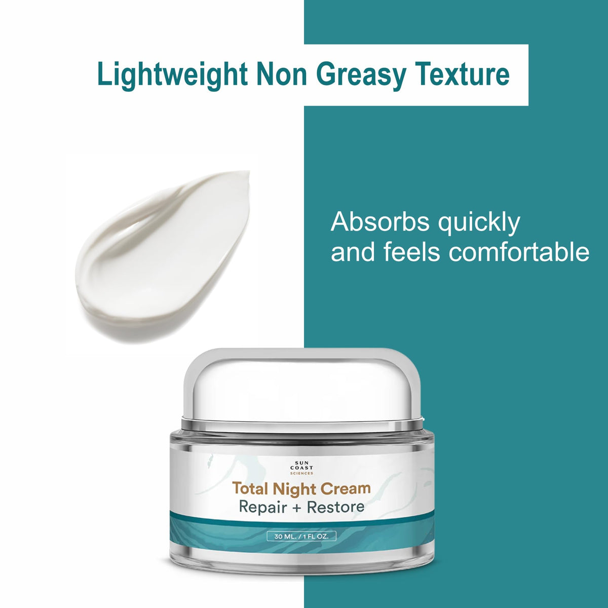 SUN COAST SCIENCES jar beside a coin for 1 fl oz scale and travel-friendly benefit
