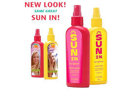 Sun In bottle beside a hairbrush to show compact 4.7 fl oz travel-friendly size