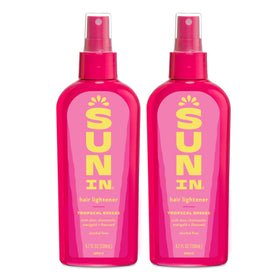 sun in front packaging showing two 4.7 fl oz bottles and tropical design for convenient use