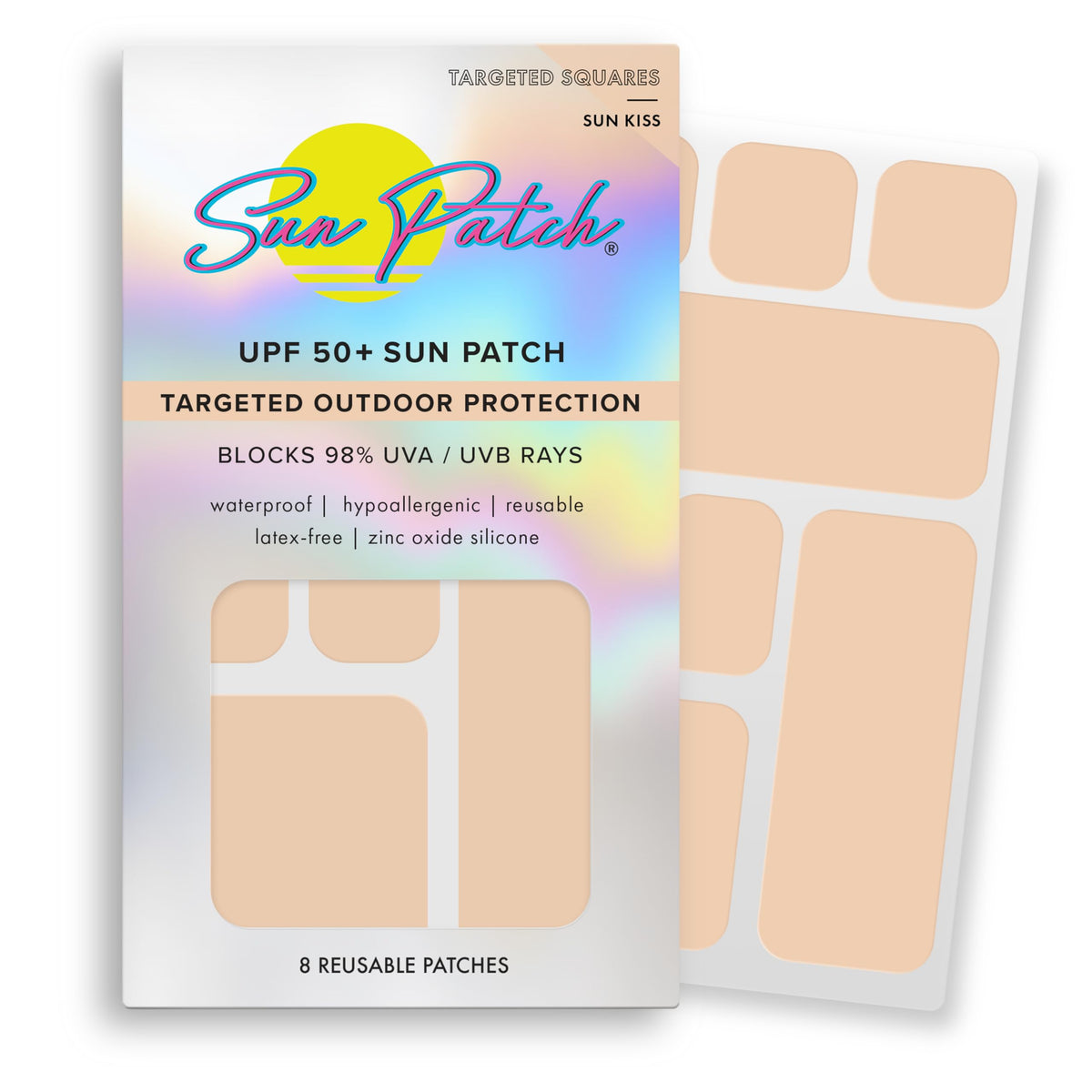 Sun Patch front packaging shows nude silicone squares and benefits