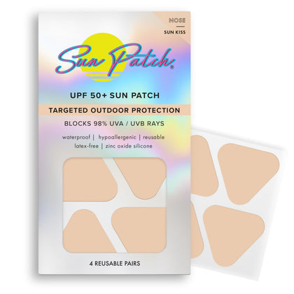 Sun Patch front packaging showing four nude silicone nose patches and benefits